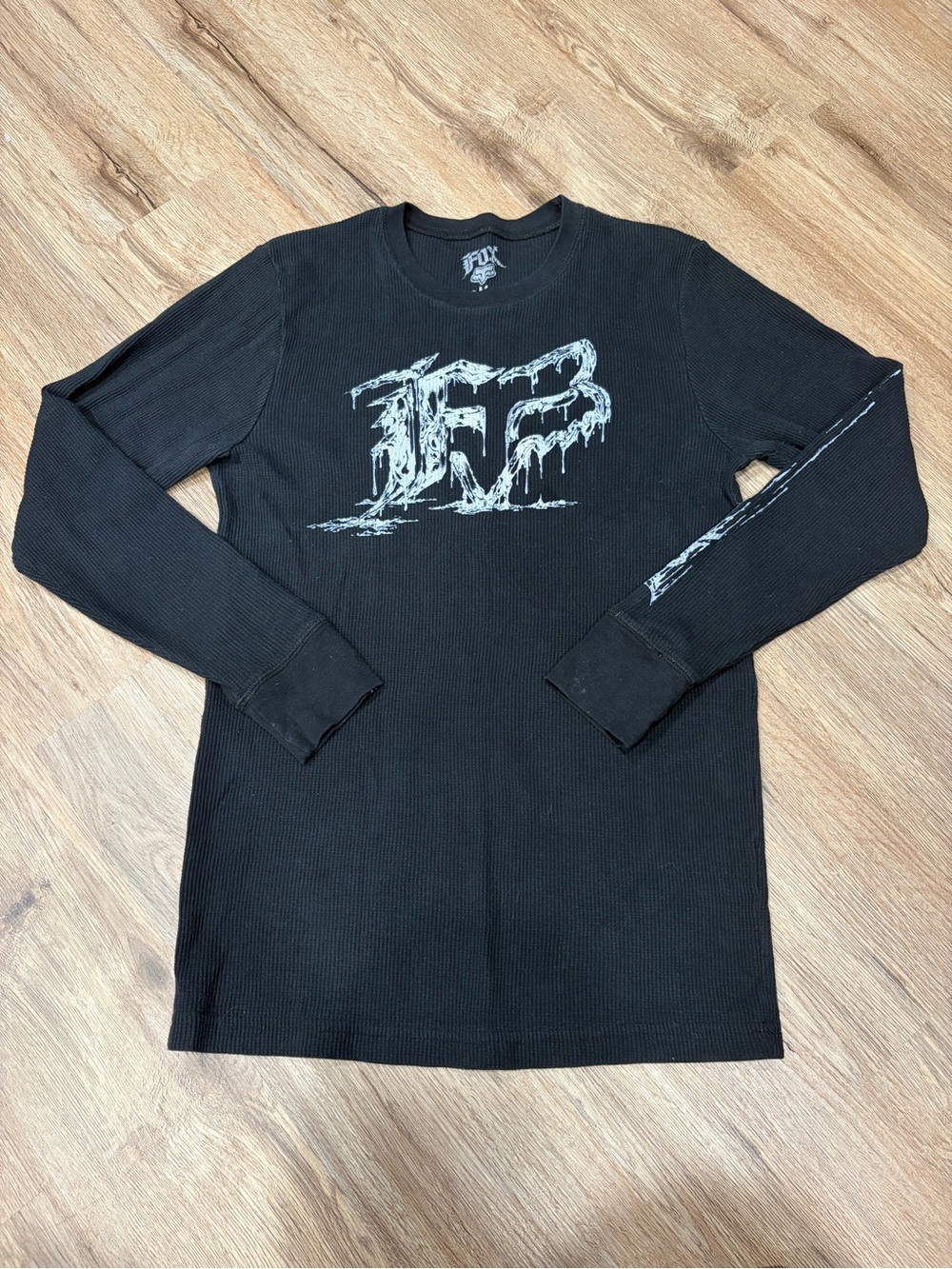 Y2K Fox Black Long Sleeve Thermal Shirt with White Drip Logo